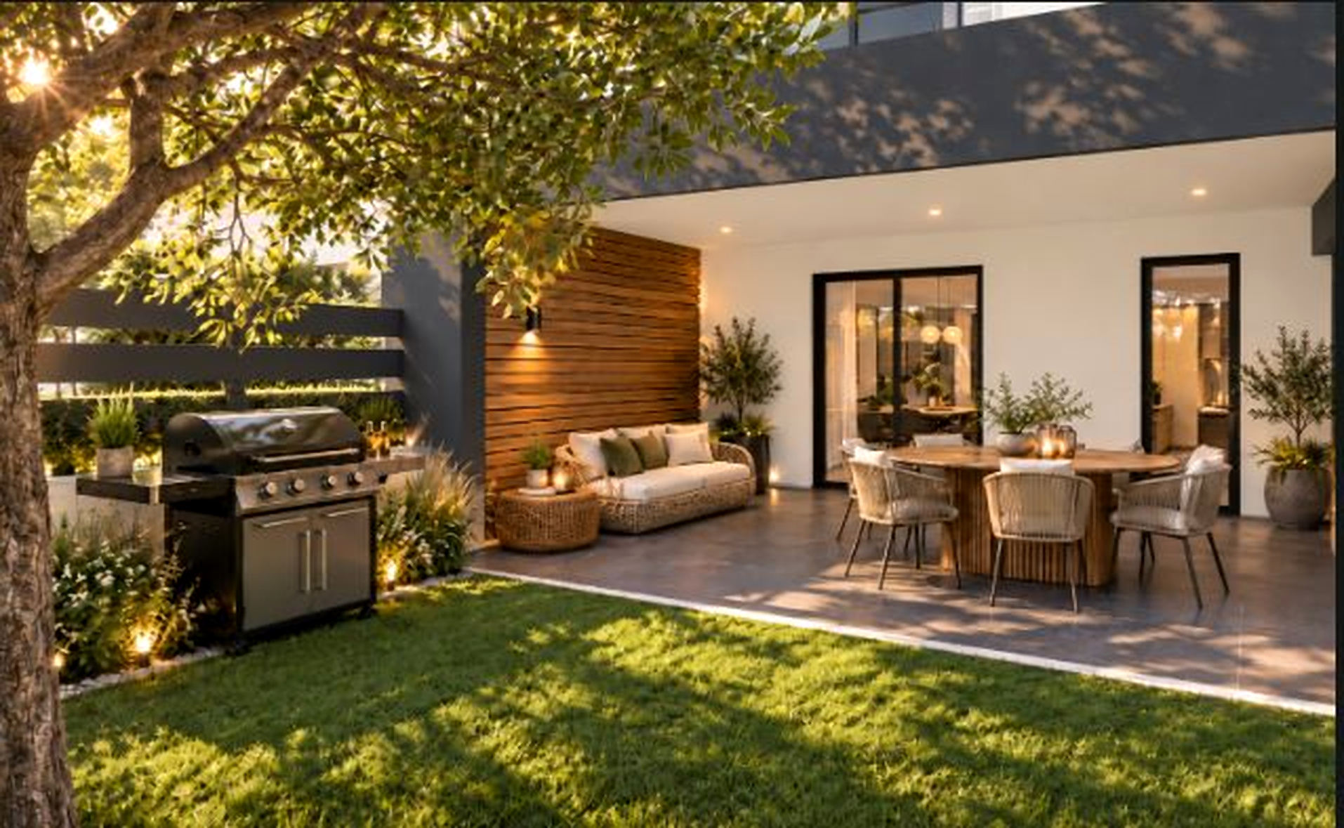 Zona outdoor con giardino, pranzo e barbecue